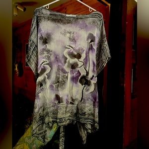 100% silk black/gray/lavender shirt. Ties in back. Size L-XL. Never worn.